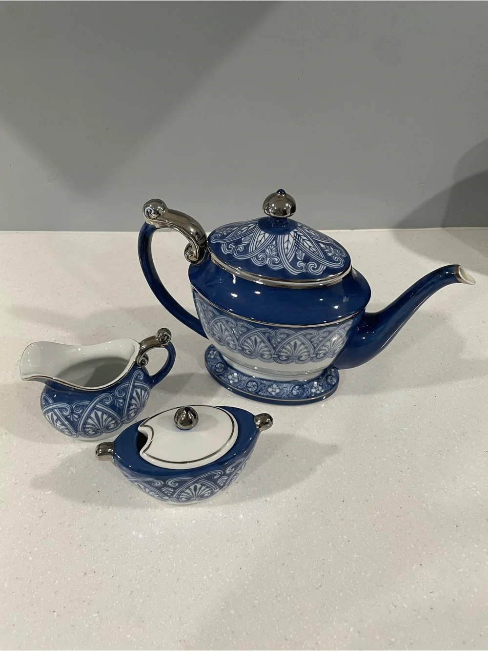 Bombay Blue & White Porcelain Tea Set – Teapot, Creamer & Lidded Sugar Bowl